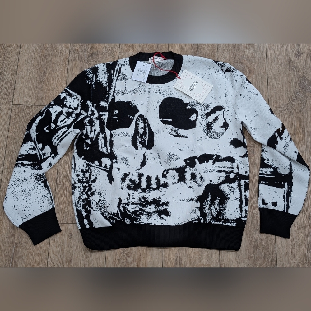 $1690 Mens Alexander McQueen Fold Skull Jacquard Sweater Black/White 2XL
